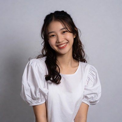Asian woman smiling in white blouse