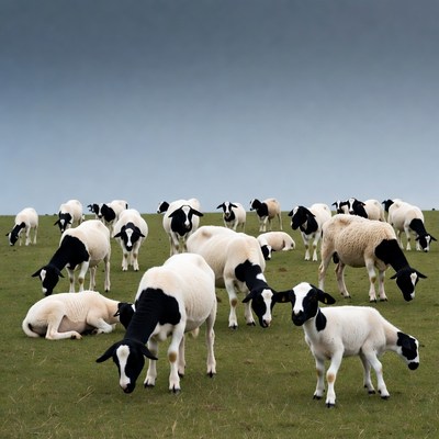 Herd of black-faced sheep grazing grass