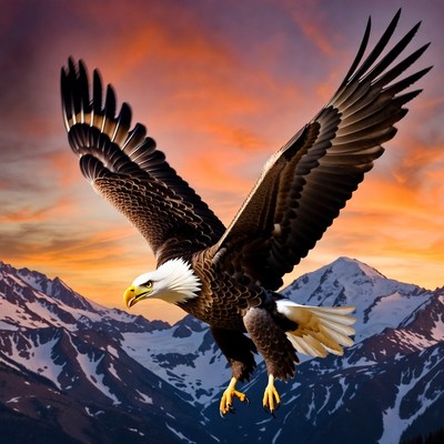 Bald Eagle Flying Over Snowy Mountains