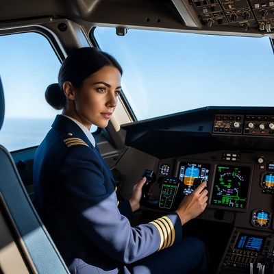 Female pilot flying airplane cockpit