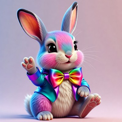 Cute waving rainbow bunny in bowtie