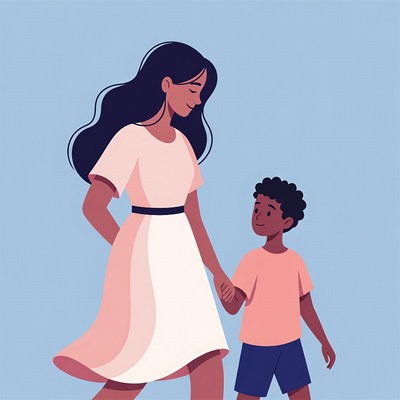 Mother holding son's hand walking