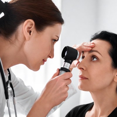 Doctor examining woman's eyes