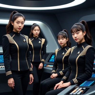 Asian women in Star Trek uniforms on bridge