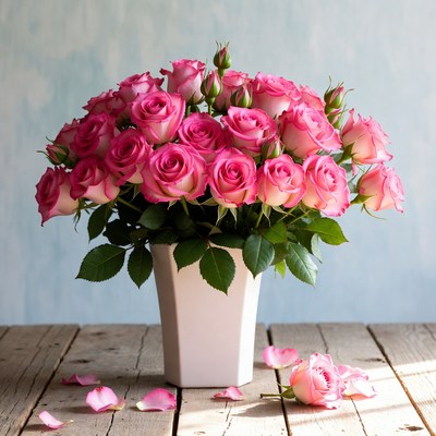 Pink Roses Bouquet in White Vase