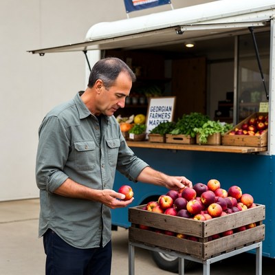 Man selecting red apples at farmers market