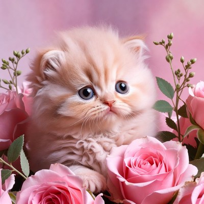 Cute Kitten Among Pink Roses