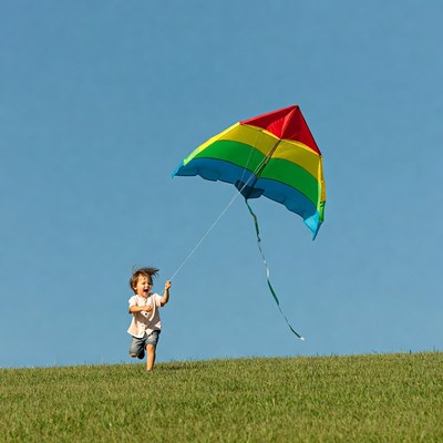 Boy flying colorful kite on grassy hill