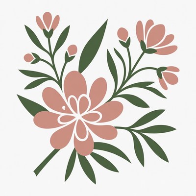 Pink Flowers with Green Leaves Illustration