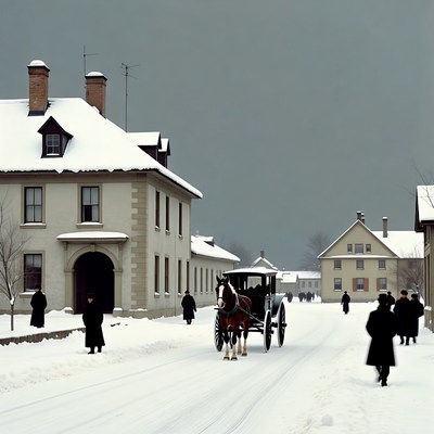 Horse-drawn carriage on snowy village street