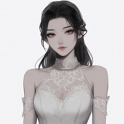 Asian woman in white lace dress