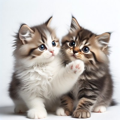 Two fluffy kittens playing together