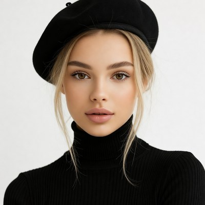 Woman wearing black beret and turtleneck