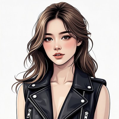 Asian woman in black leather vest