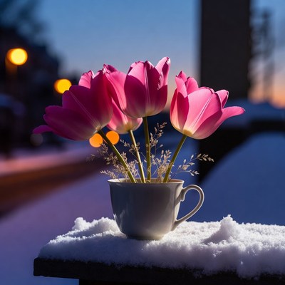 Pink tulips in cup on snowy table