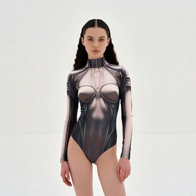 Woman in metallic futuristic bodysuit