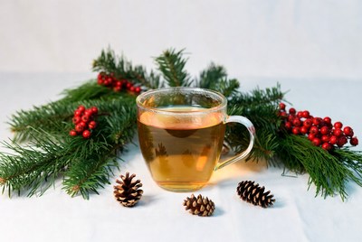 Glass of tea with pine branches