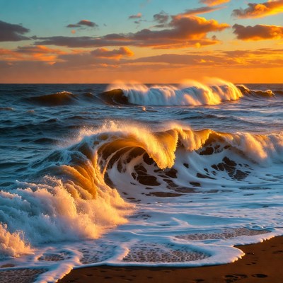 Ocean Waves Crashing at Sunset