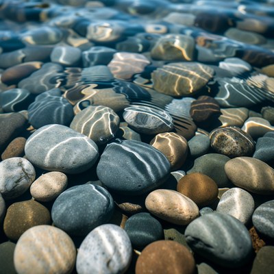 Colorful pebbles under clear water