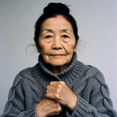 Elderly Asian woman in gray turtleneck
