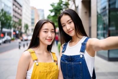 Two Asian women taking selfie in overalls