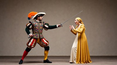 Man fencing with woman in Renaissance costumes