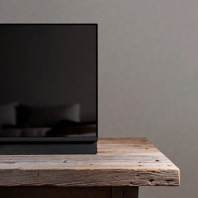 Black TV on wooden table