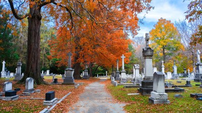 Autumn Cemetery Path with Gravestones