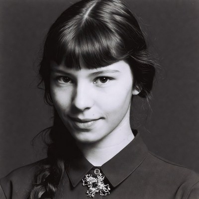 Young woman with bangs and brooch