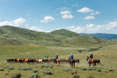 Cowboys herding cattle on horseback