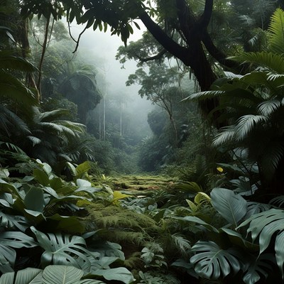 Misty Jungle Path in Dense Forest