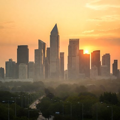 City skyline at sunset with trees