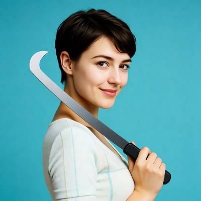 Woman holding sickle over shoulder