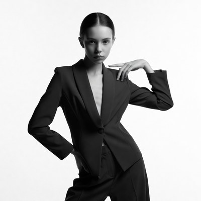 Woman posing in black blazer suit