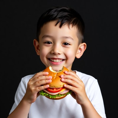 Asian boy eating burger