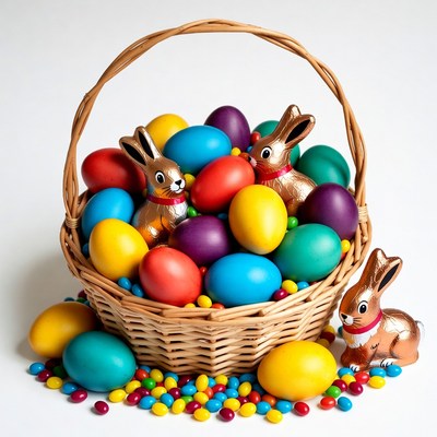 Easter Basket with Colored Eggs and Bunnies
