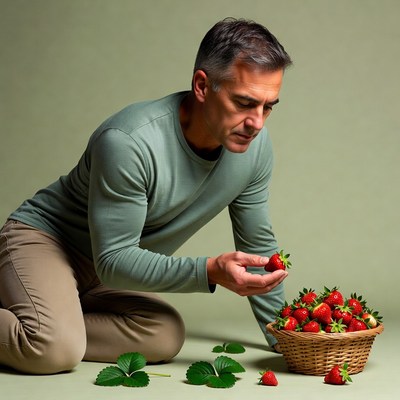 Man smelling fresh strawberries