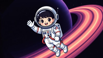Cute boy astronaut waving in space