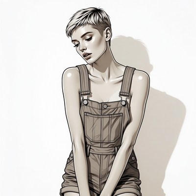 Woman in short denim overalls