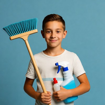 Boy holding broom and spray bottle