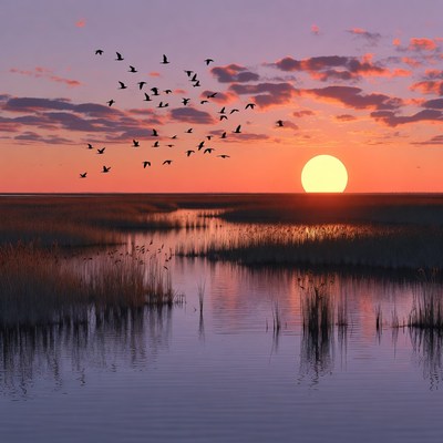 Birds Flying Over Marsh at Sunset