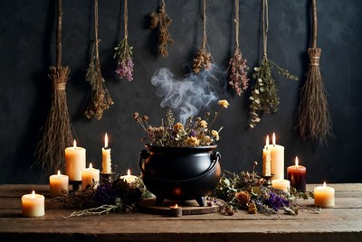 Witch Cauldron with Candles and Herbs