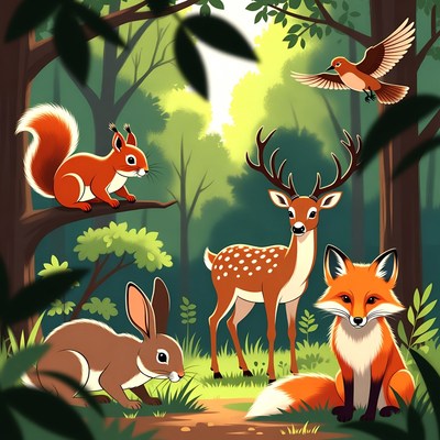 Forest Animals Illustration with Deer Fox Squirrel
