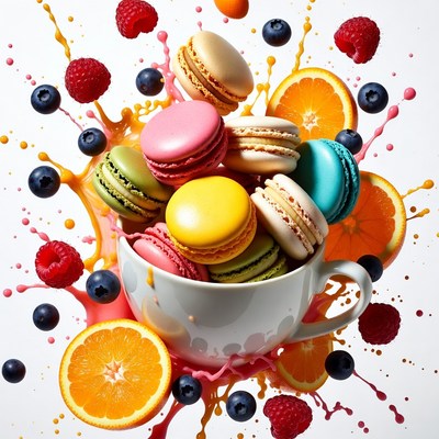 Colorful Macarons in Splashing Fruits Cup