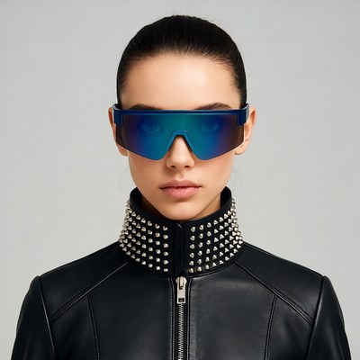 Woman wearing blue futuristic sunglasses