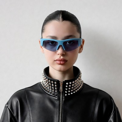 Woman in blue sunglasses and studded leather jacket