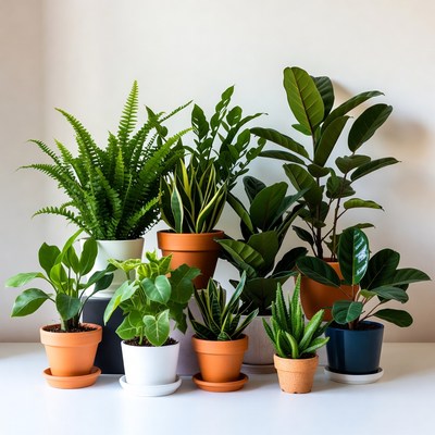 Variety of houseplants in colorful pots