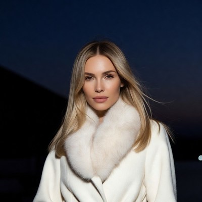 Blonde woman in white fur coat
