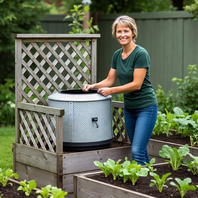 Woman adding compost to garden bin