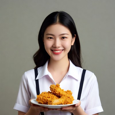 Asian woman holding fried chicken